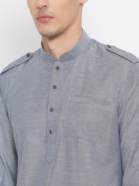 Vastramay Men's Grey Cotton Blend Kurta and Black Dhoti Set